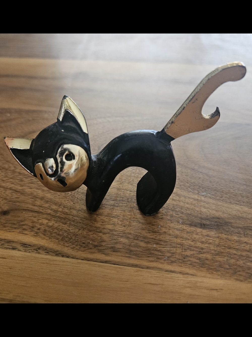 Vintage Mid-Century Modern Stylized Black Cat Bottle Opener with Brass Accents